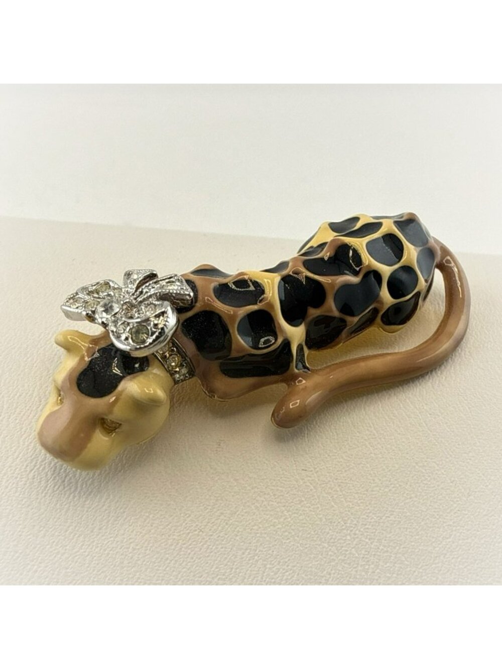 KJL Brooch Kenneth Jay Lane Leopard Big Cat Bow Pin Enamel Rhinestone Book Piece